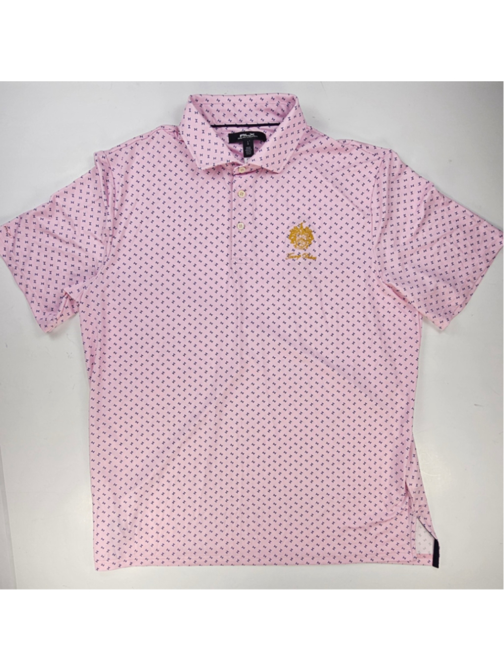 RLX Ralph Lauren Trump National Doral Golf Polo Mens L Pink Blue Print Stretch